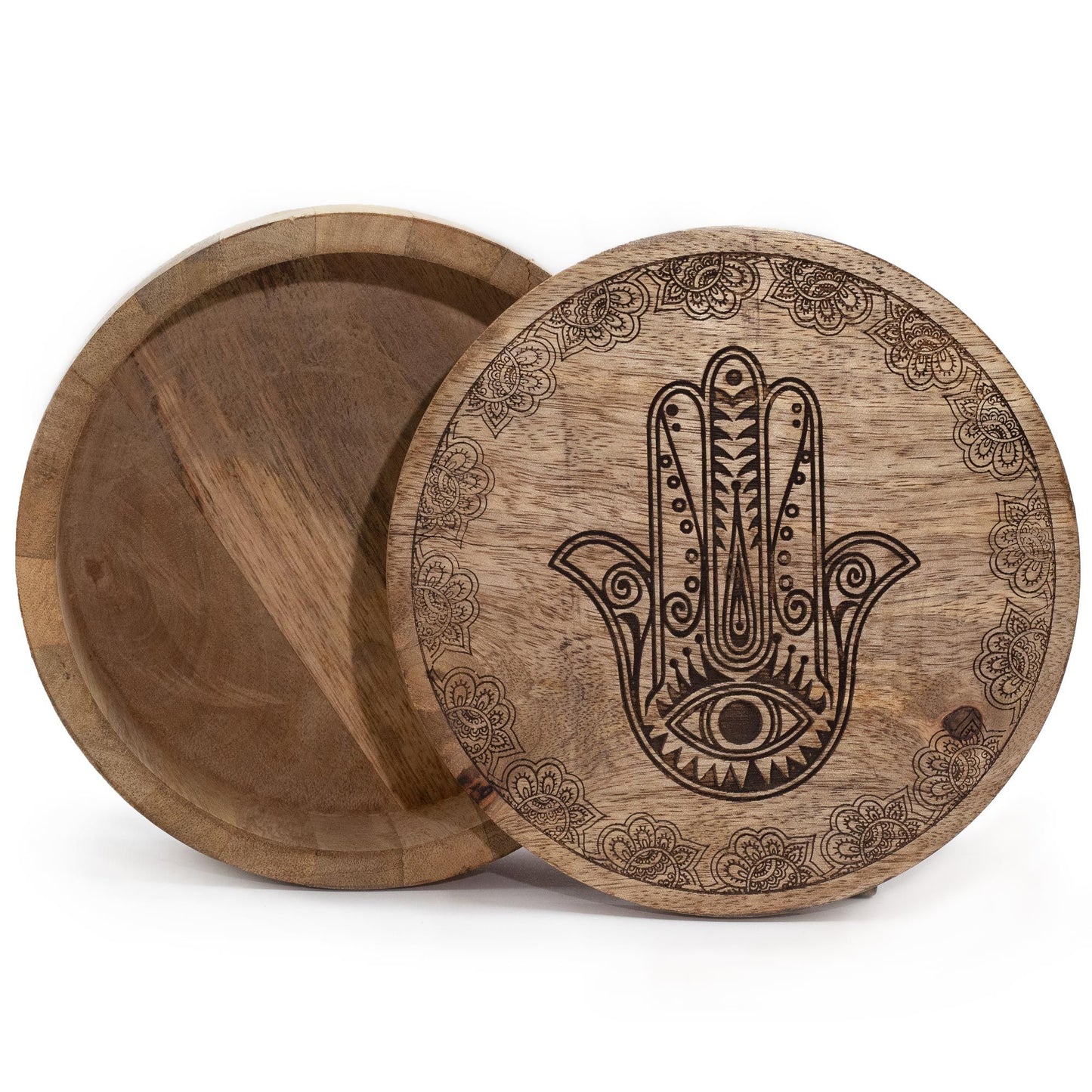 Handgemaakte zwarte houten ronde opbergdoos met gegraveerde Hamsa-hand, spirituele beschermende sieradendoos