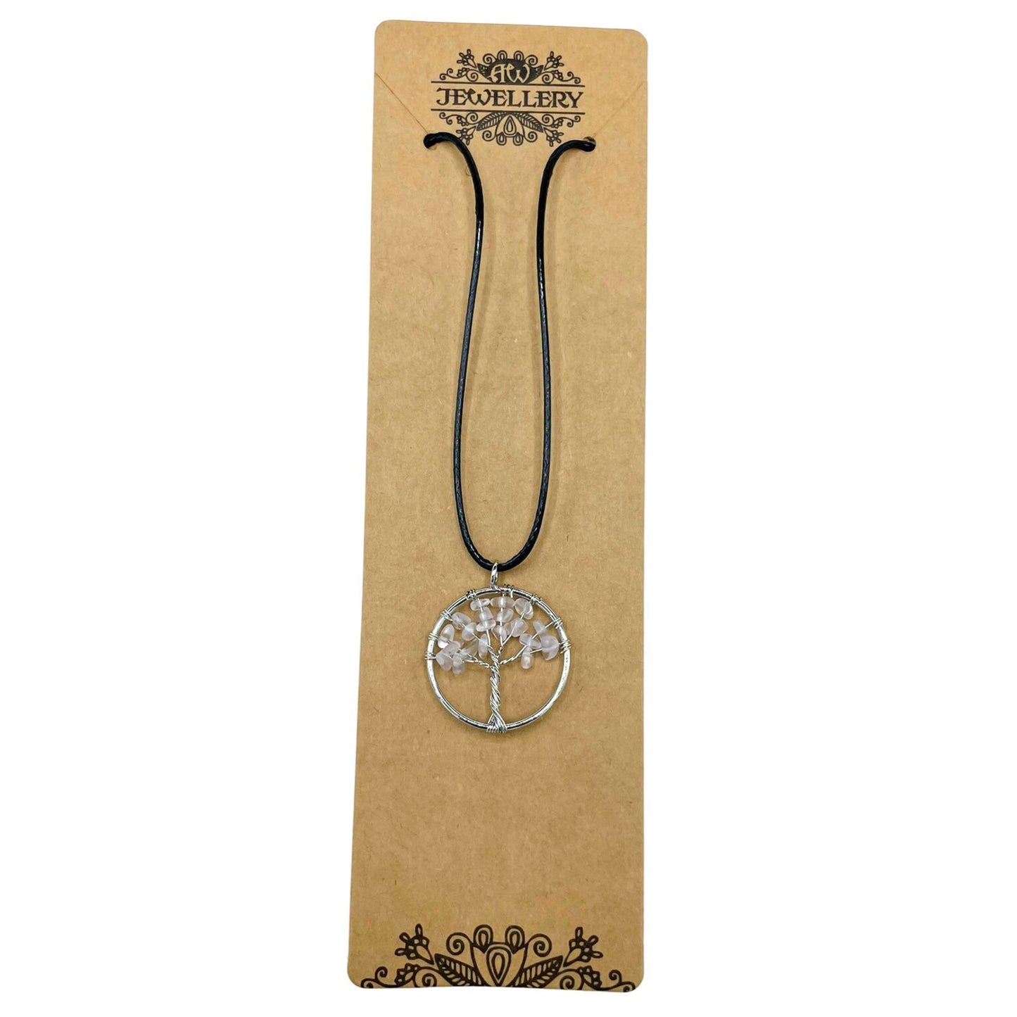Tree of Life bergkristallen hanger gedragen als ketting met verstelbaar koord en rond ontwerp met heilig boomsymbool