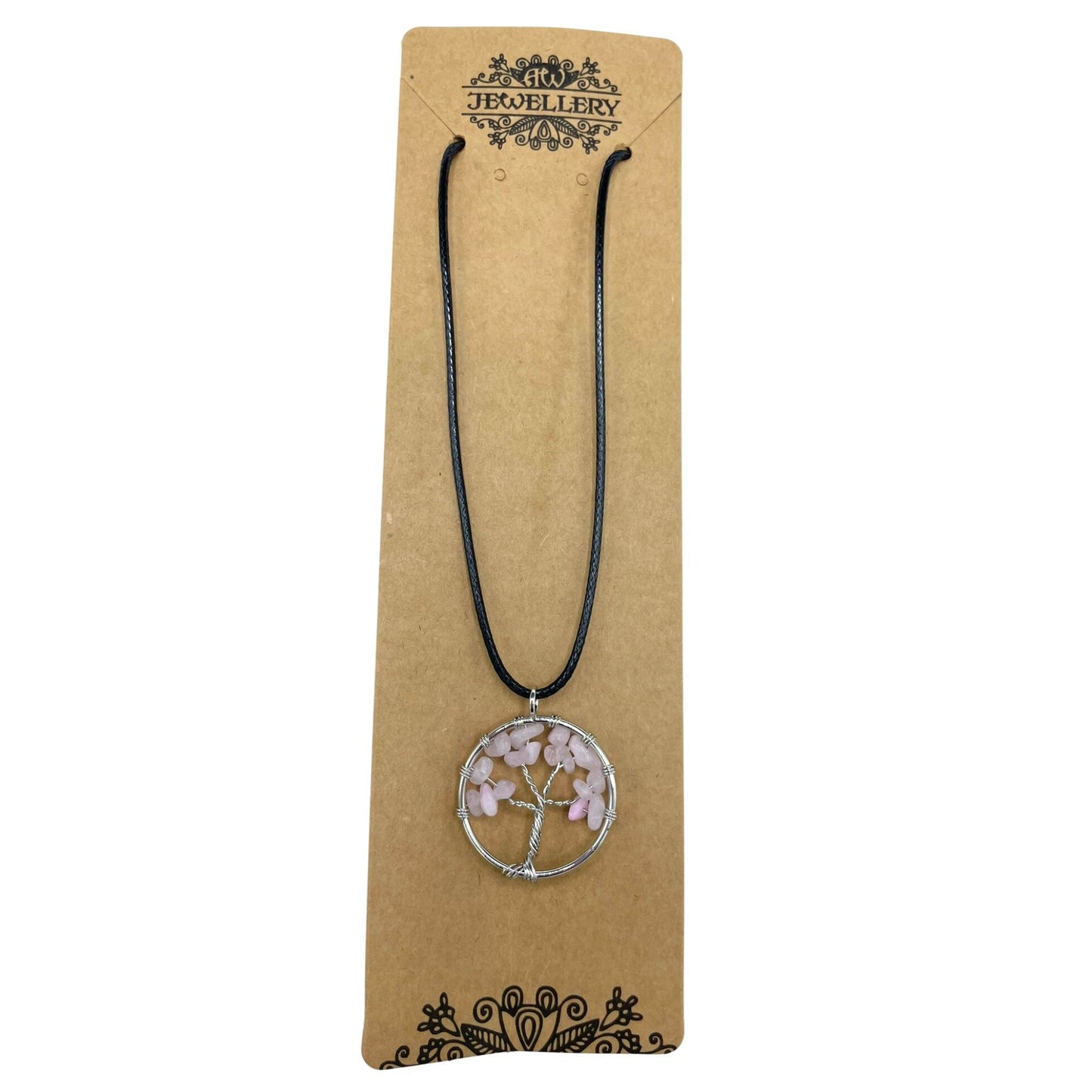 Tree of Life rozenkwarts hanger gedragen als ketting met verstelbaar koord en rond ontwerp met heilig boomsymbool