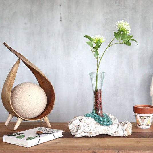 Gesmolten Glas - Whitewash Vaas Small - uniek sfeerstuk van Balinese ambachtslieden, 19 cm
