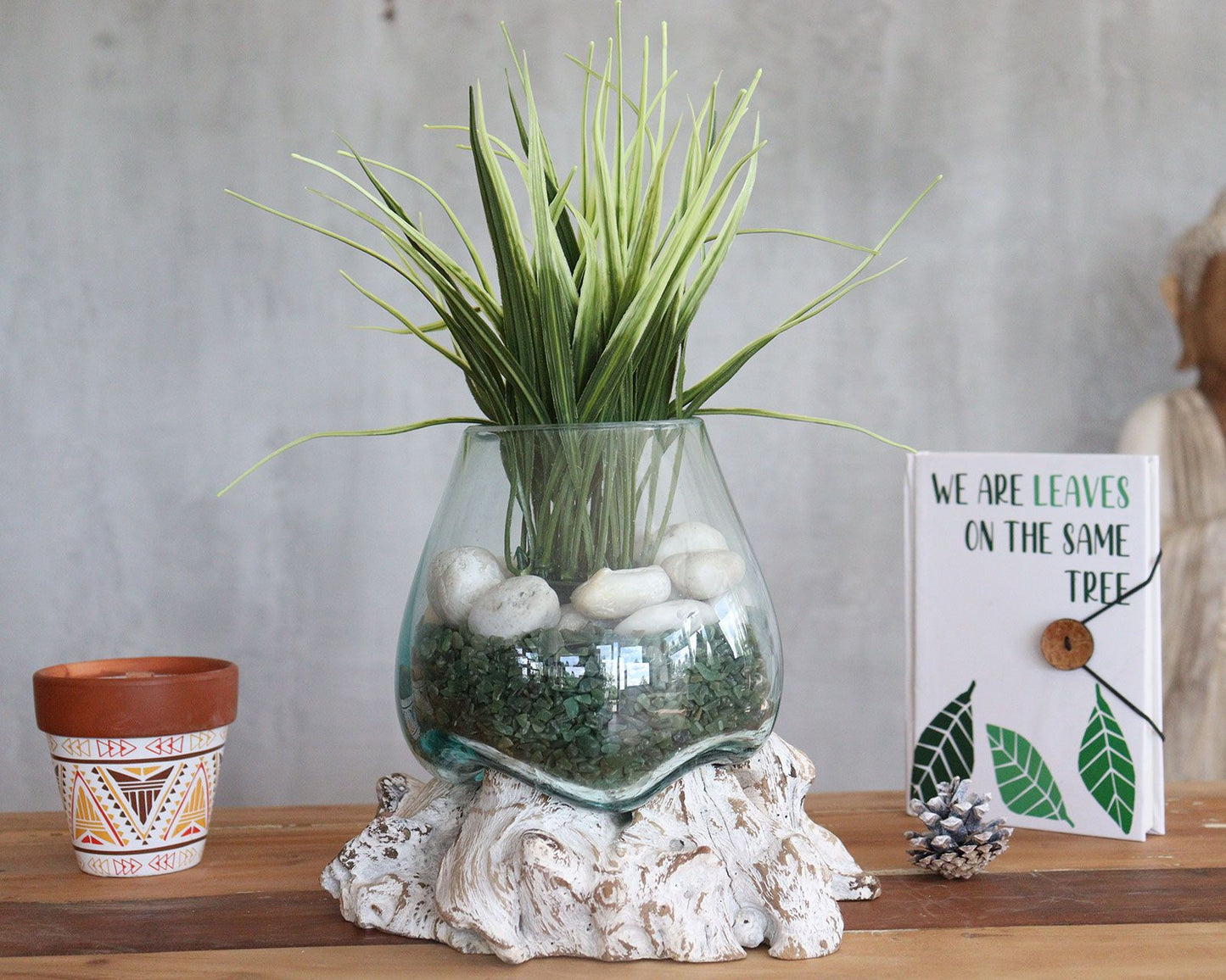 Gesmolten Glas Whitewash Kom Small - decoratieve schaal van gerecycled glas en Balinees hout
