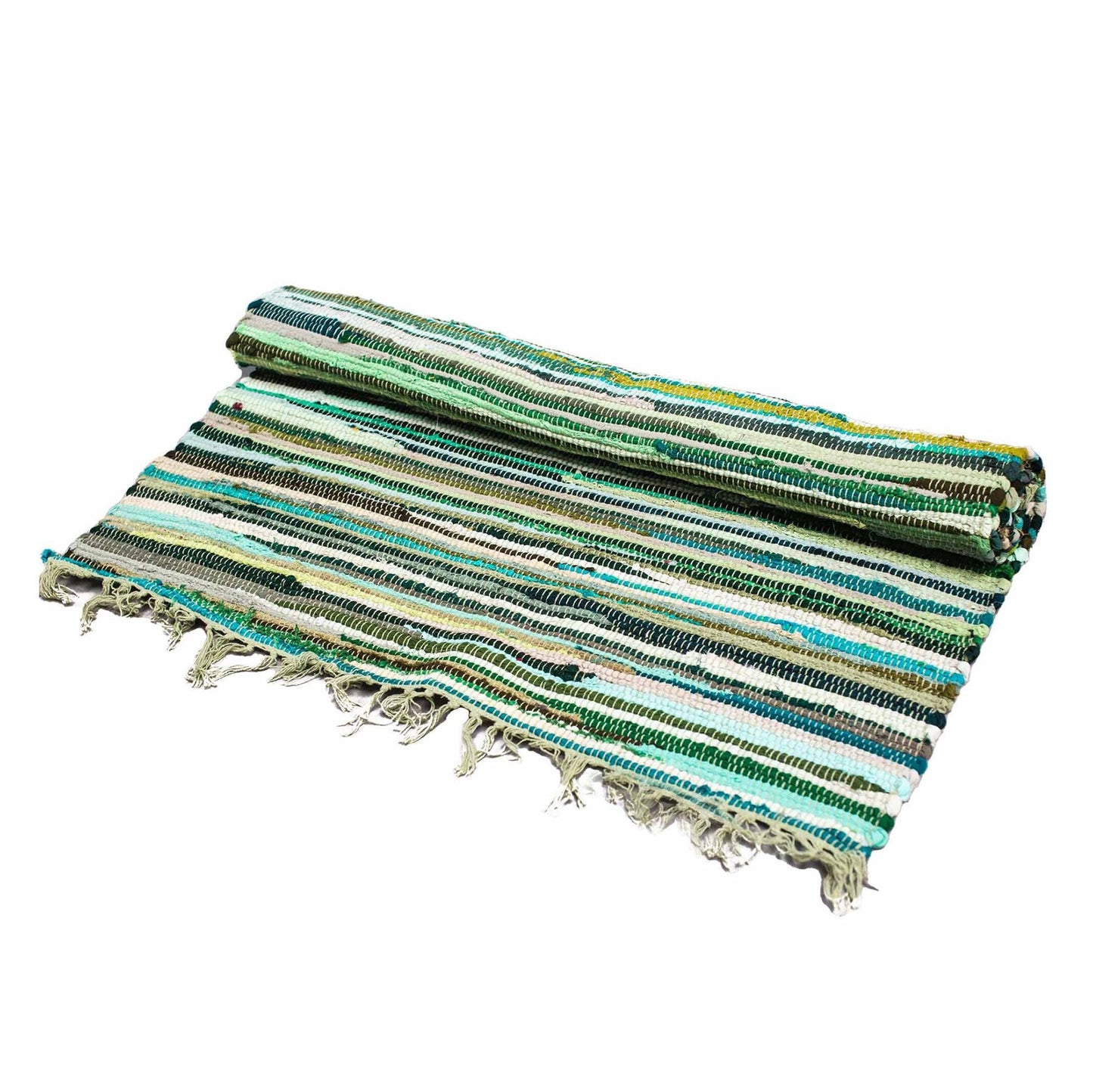 Handgeweven kleed van gerecycled Indiaas tapijt in natuurlijke groentinten met rag rug textuur, 150x90cm