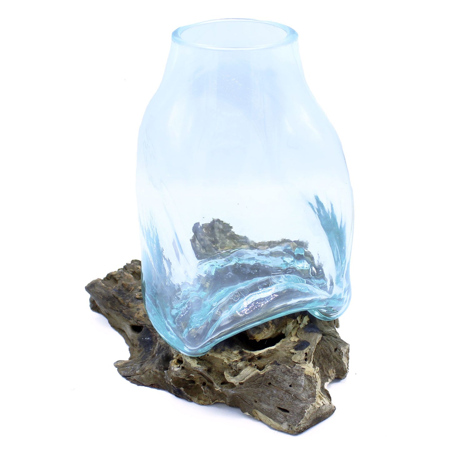 Gesmolten Glas Terrarium Vaas Large - royale glazen vaas op organische houten standaard, bohemian woondecoratie, ambachtelijk handwerk Balinese vaklieden, gerecycled glas 27 cm