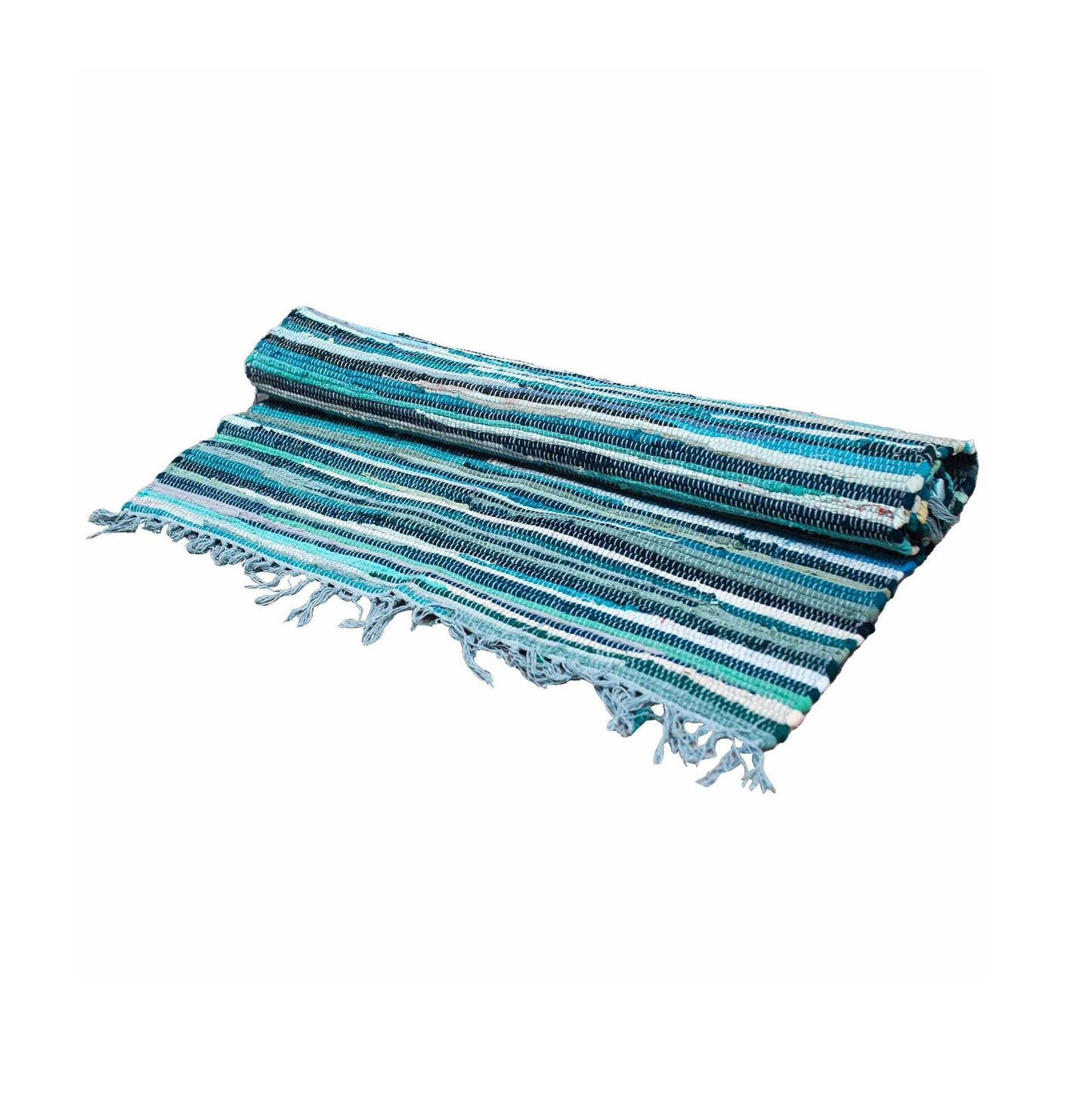 Handgeweven kleed van gerecycled Indiaas tapijt in serene blauwtinten met rag rug textuur, 50x90cm