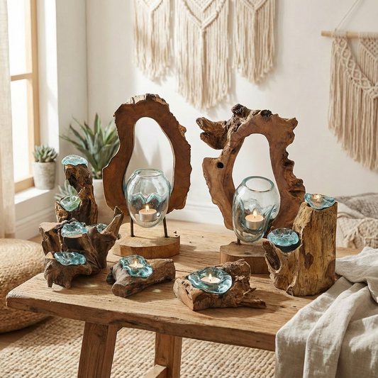 Handgemaakte Gesmolten Glas kaarsenhouders op Gamal hout — collectie uit Bali | Karma Vibes