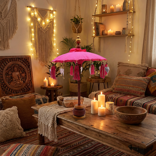 Bohemian woonkamer met macramé wandhanger en natuurlijke decoratie - Karma Vibes