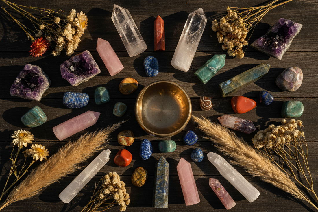 Collectie helende edelstenen en kristallen in bohemian sfeer — amethist, rozenkwarts, lapis lazuli en meer | Karma Vibes