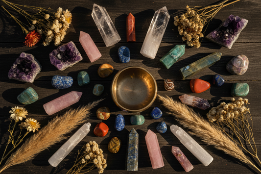 Collectie helende edelstenen en kristallen in bohemian sfeer — amethist, rozenkwarts, lapis lazuli en meer | Karma Vibes