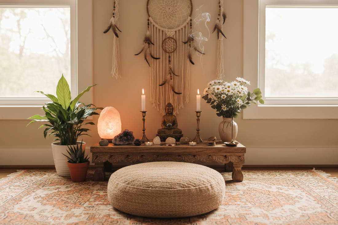 Meditatie ruimte met bohemian decoratie, meditatiekussen, Himalayan zoutlamp en dromenvangers