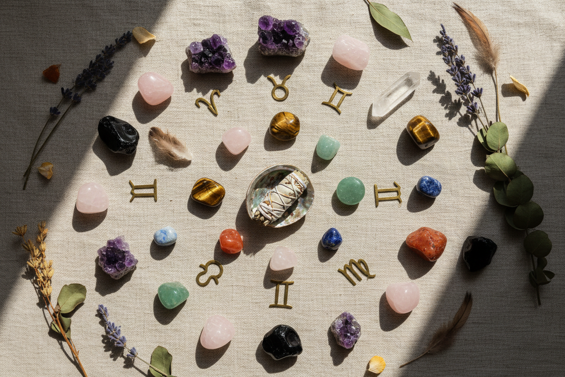 Edelstenen en kristallen voor elk sterrenbeeld - amethist, rozenkwarts, tijgeroog en meer op een natuurlijke linnen ondergrond