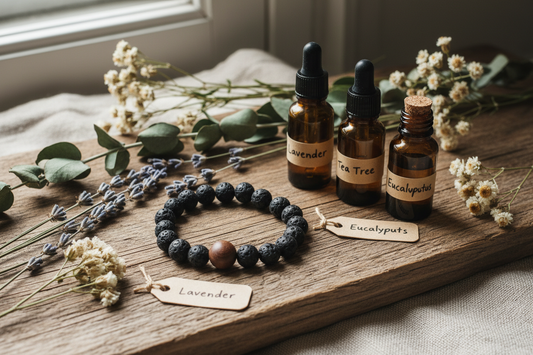 Lavastenen armband met etherische oliën op een houten ondergrond - aromatherapie en healing kristallen
