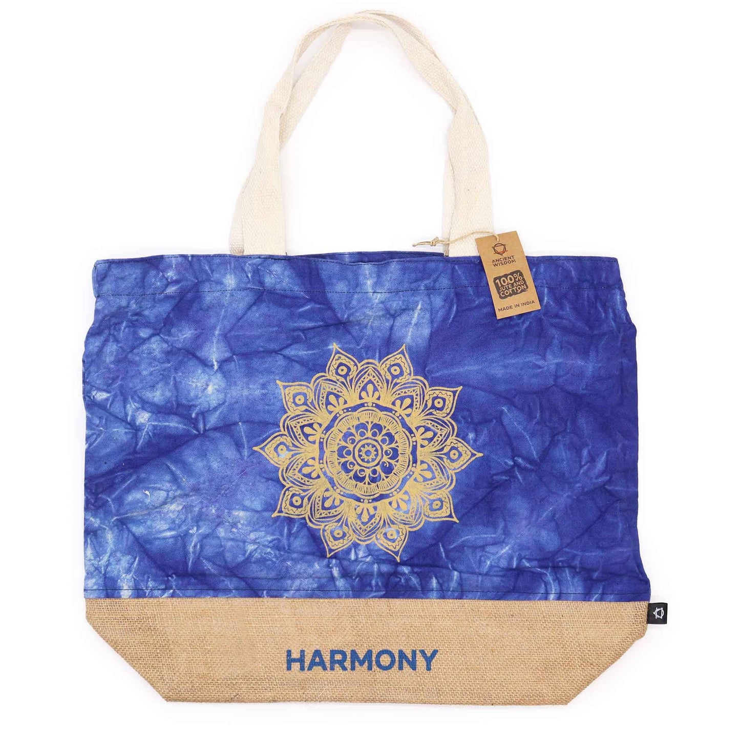 Blauwe stonewash katoenen draagtas met handgedrukt mandala-ontwerp - All Natural Bag Harmony