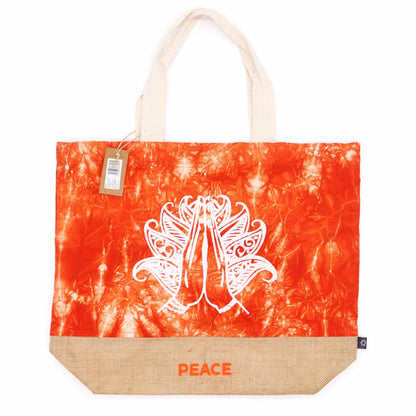 Oranje stonewash katoenen draagtas met handgedrukt Namaste-handenontwerp - All Natural Bag Peace
