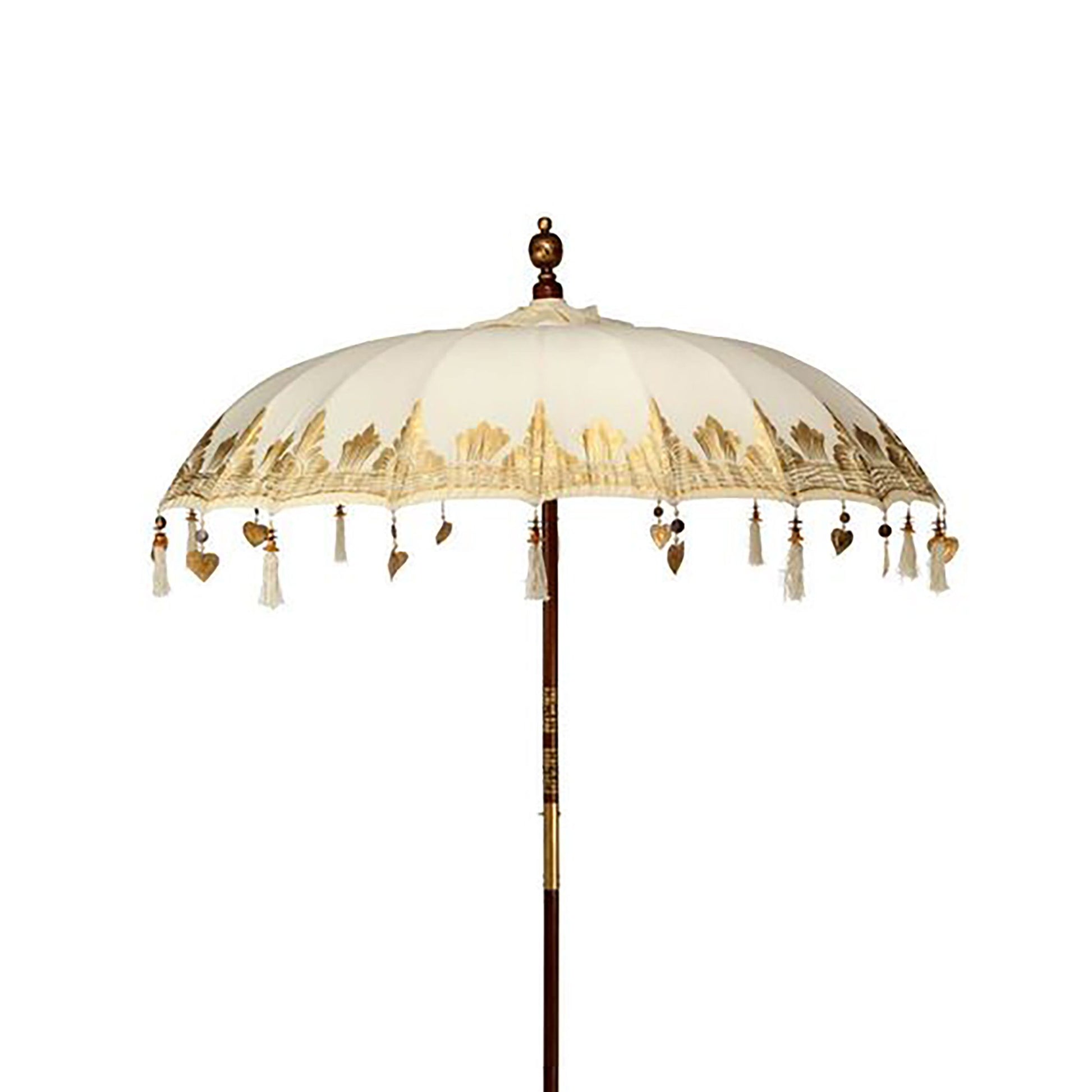 Handgemaakte Bali-terrasparasol met natuurlijk canvas en decoratieve kwastjes, traditionele Indonesische buitenparasol uit Bali met een diameter van 2 meter.

