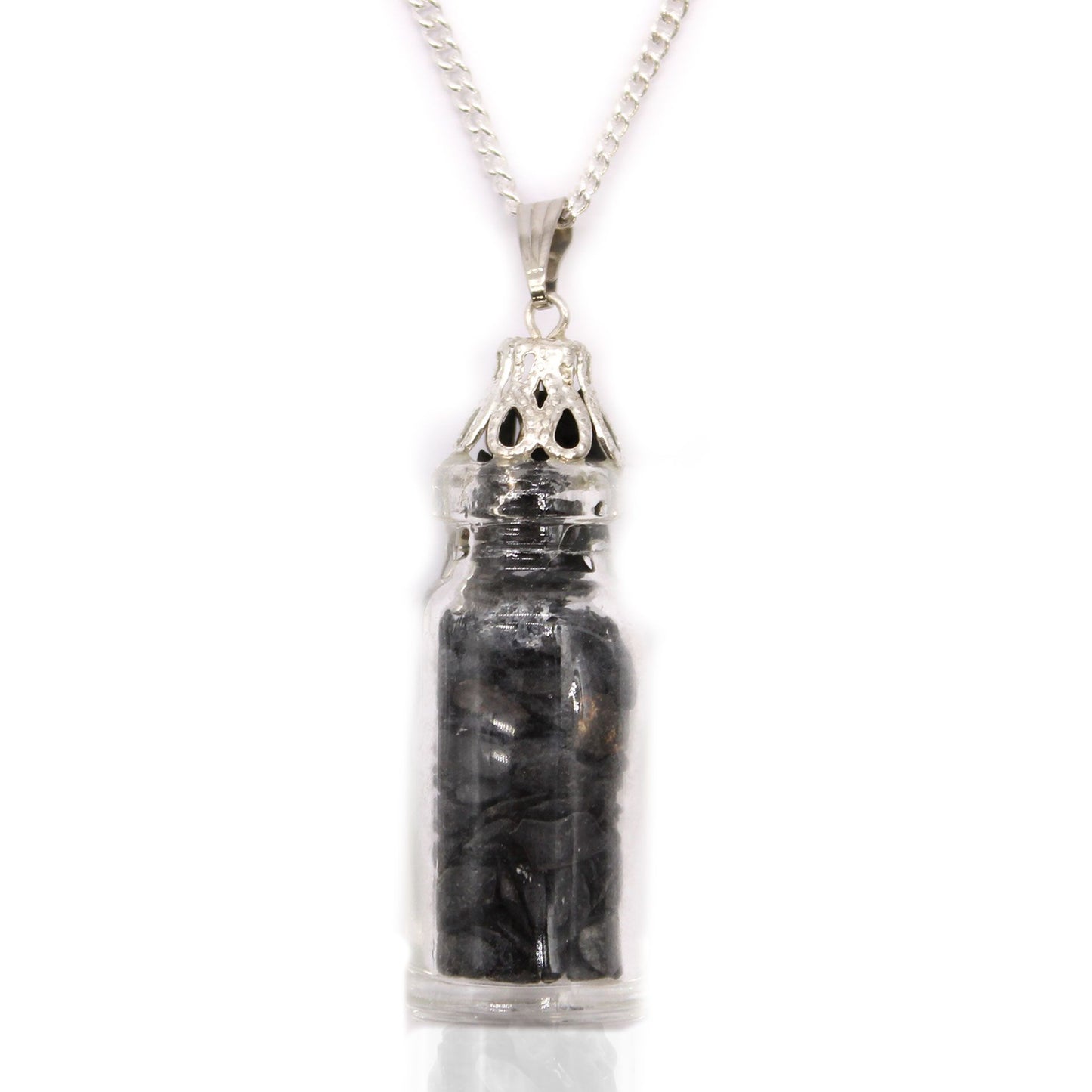 Zwarte onyx edelstenen ketting met echte kristallen stukjes verzegeld in een glazen flesje aan een verzilverde ketting
