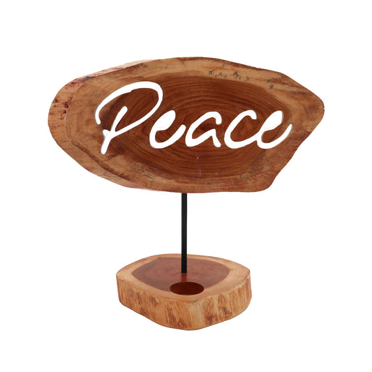 Handgemaakte Peace houten kandelaar met natuurlijk bruin getint hout en ruimte voor theelichtjes, rustgevende Indonesische ambachtelijke meditatiedecoratie
