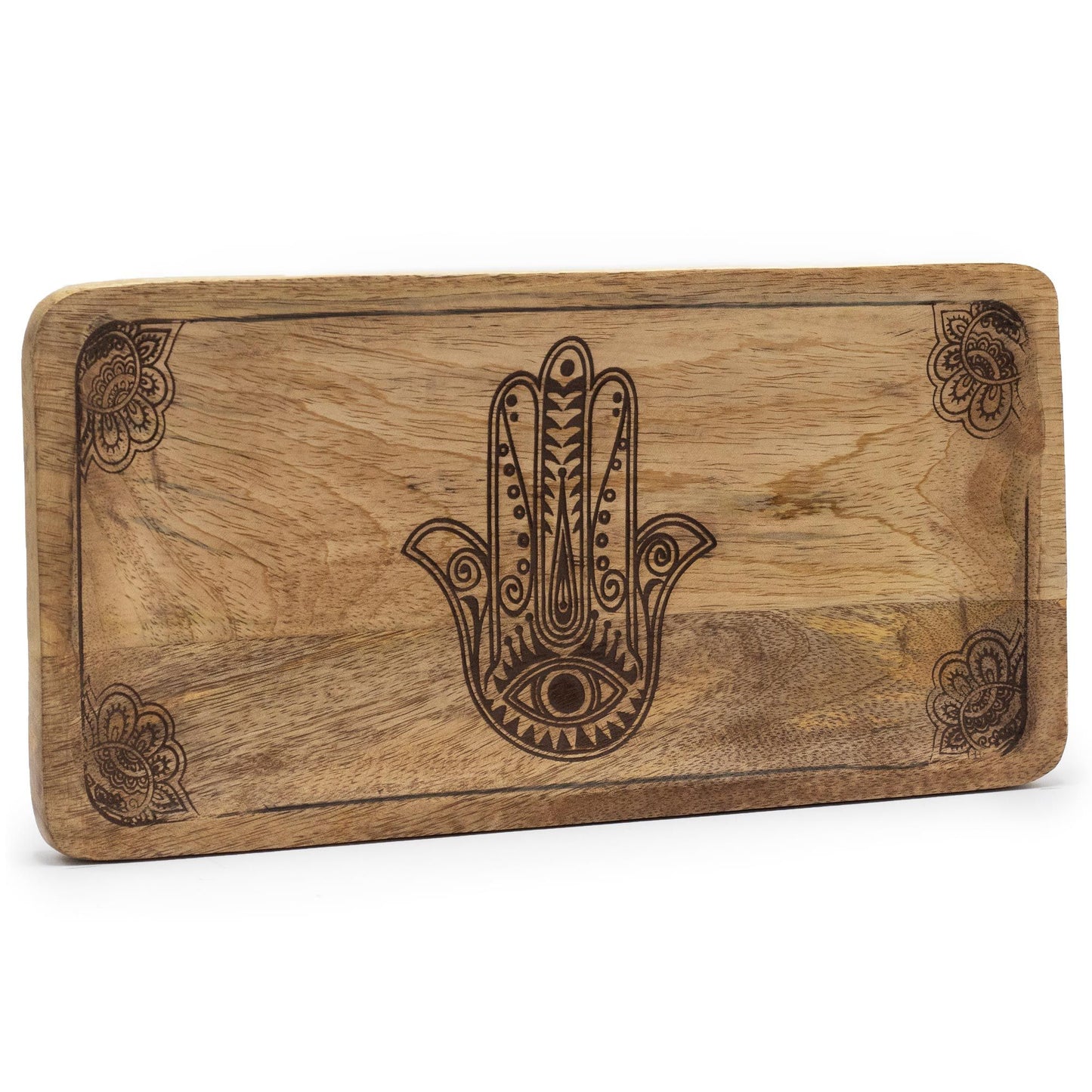 Handgemaakt zwart houten dienblad met gegraveerde Hamsa-hand, spiritueel beschermend symbool en decoratief accentstuk