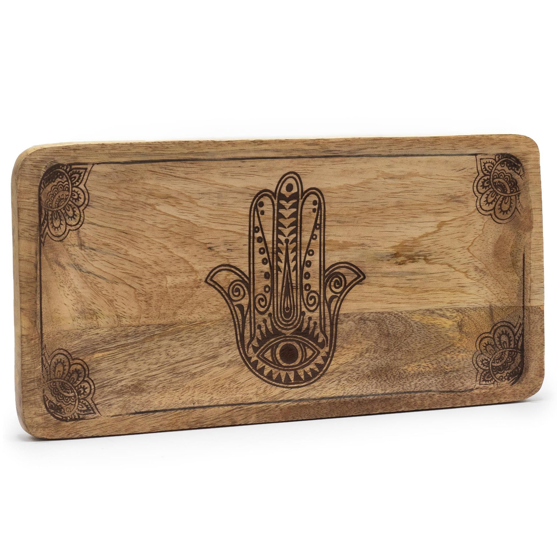 Handgemaakt zwart houten dienblad met gegraveerde Hamsa-hand, spiritueel beschermend symbool en decoratief accentstuk