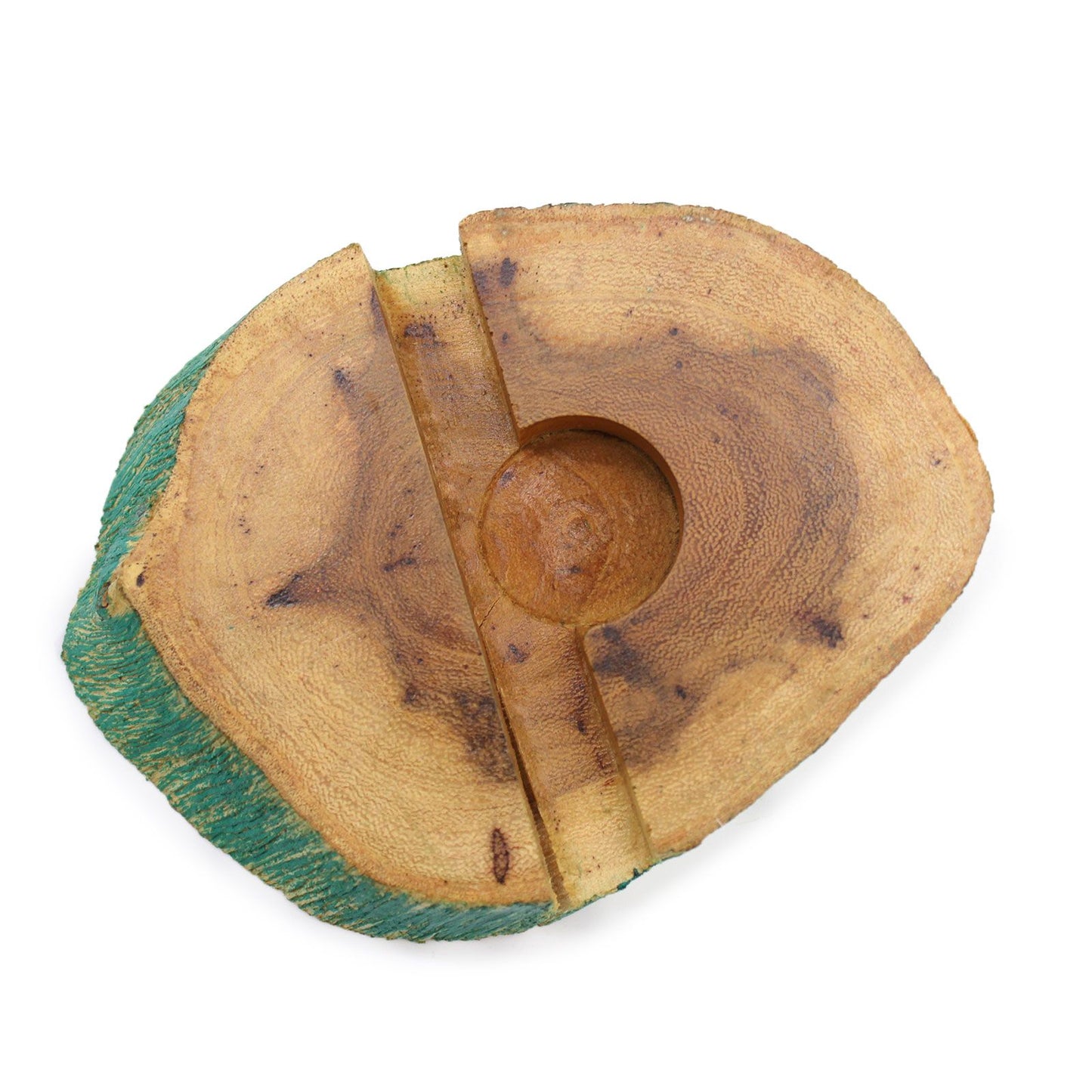 Close-up van natuurlijke Gamal-houtnerf en greenwash-afwerking op handgemaakte telefoonhouder
