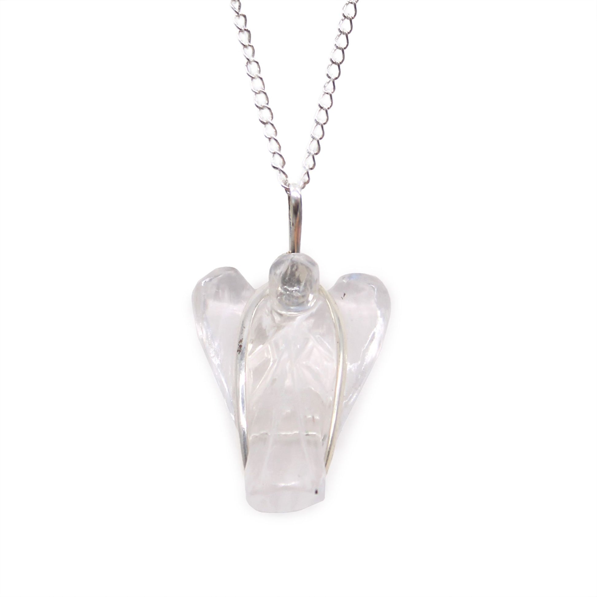 Rock quartz beschermengel hanger ketting met verzilverde ketting, handgemaakt in India voor unieke spirituele sieraden

