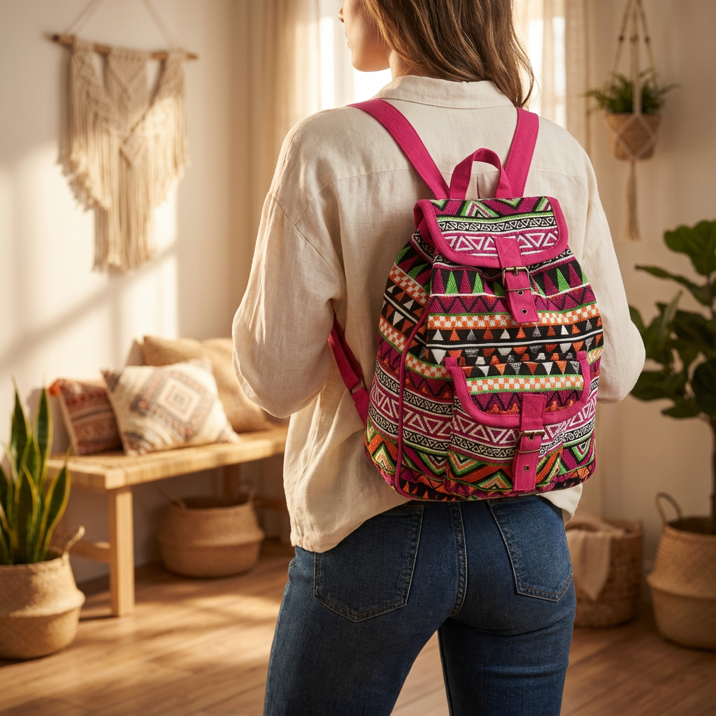 Handgeweven Nepalese jacquard rugzak in levendig roze met traditioneel etnisch patroon en meerdere vakken