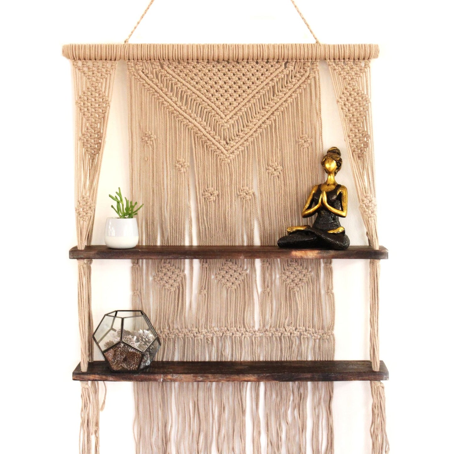 Handgemaakte macramé hangplank met natuurlijk bruin ontwerp, 3-laags bohemien wanddecoratie
