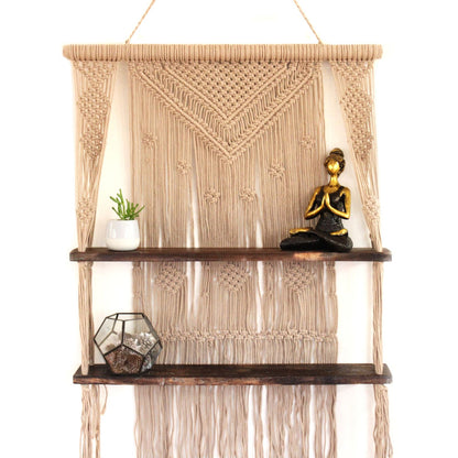 Handgemaakte macramé hangplank met natuurlijk bruin ontwerp, 3-laags bohemien wanddecoratie
