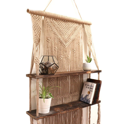 Drie lagen Albesia houten planken met bruin macramé, boho wandopberging en display
