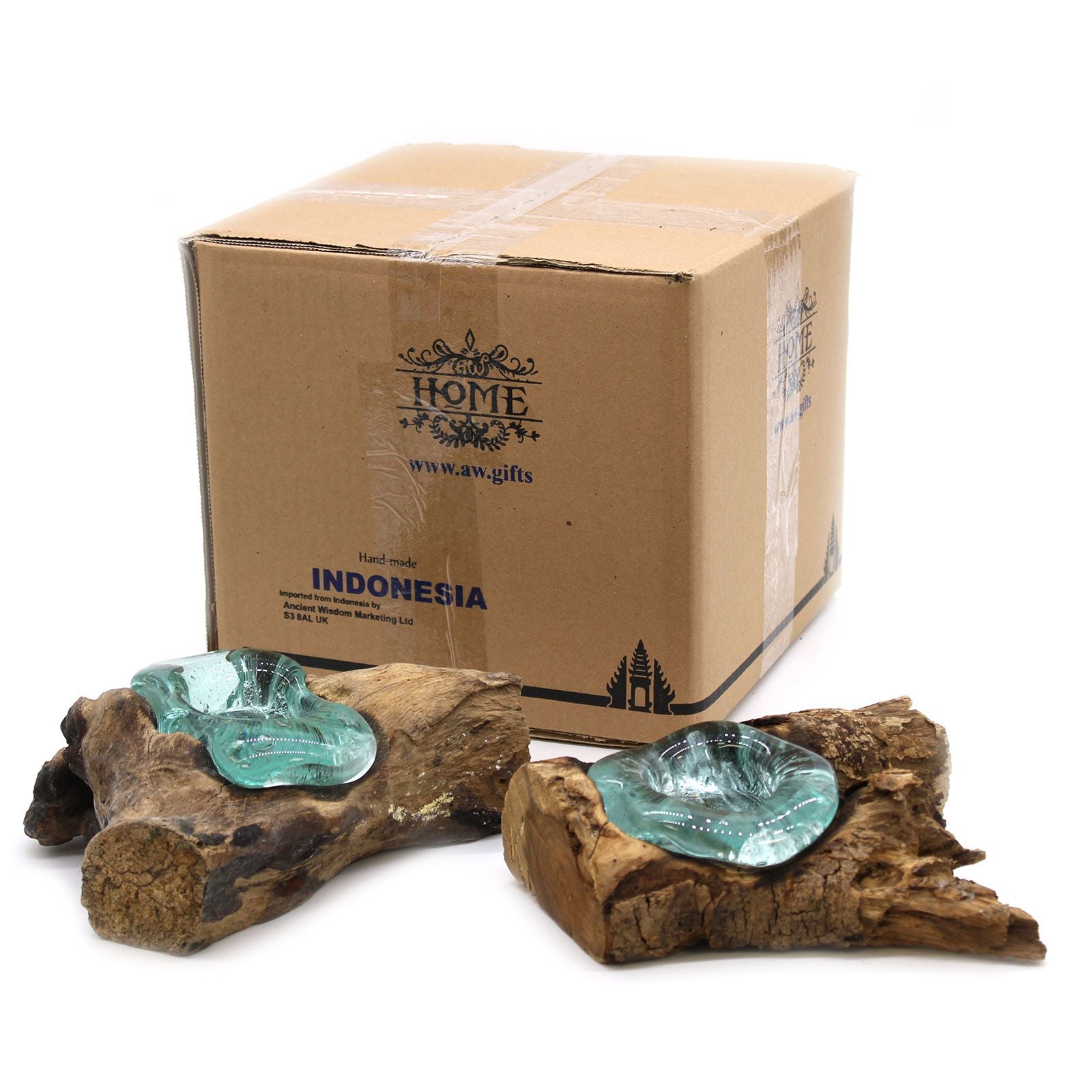 Gegoten glazen kandelaar met cactus of vetplant, veelzijdig milieuvriendelijk decoratiestuk op een voet van natuurlijk hout
