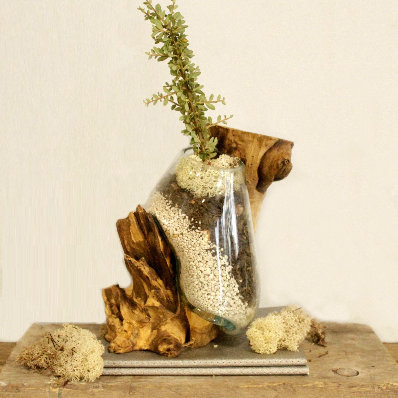 Zijaanzicht van hangende kom van gesmolten glas met langwerpige vaasvorm en natuurlijke houten voet, organisch kunstwerk uit Bali dat aan de muur kan worden bevestigd.
