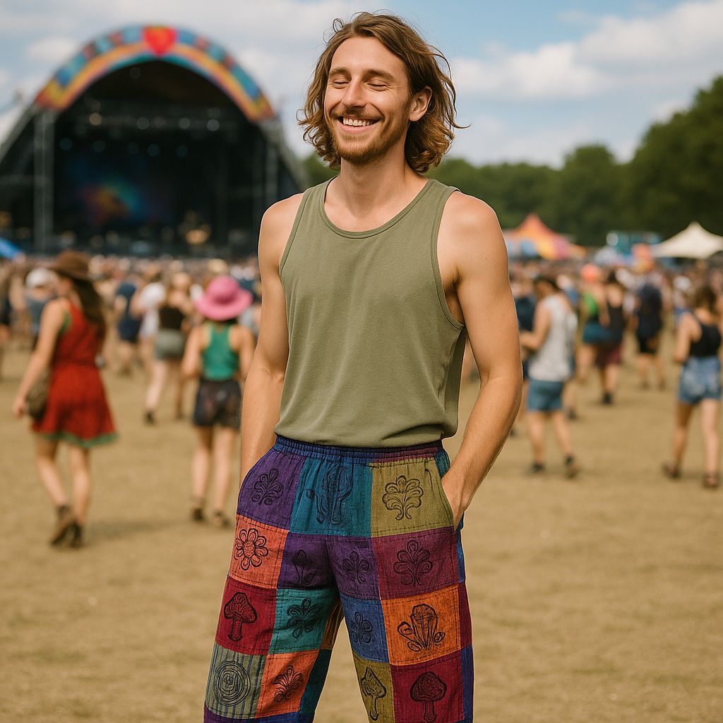 Paarse mushroom pants met nomad sari block print design - L/XL maat bohemian broek
