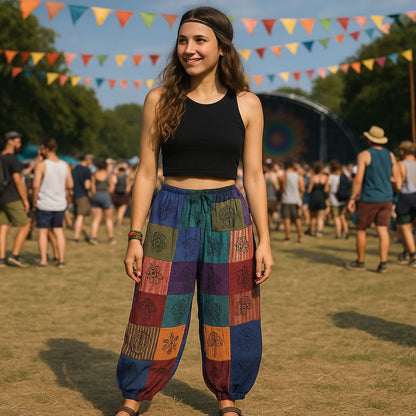 Handgeblokdrukte paddenstoelenbroek in mystieke paarse tinten met traditioneel nomadisch sari-ontwerp, maat S/M
