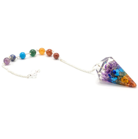 Orgoniet krachtchakra pendel met zeven chakra stenen en kralenketting, spiritueel helend wichelroede instrument
