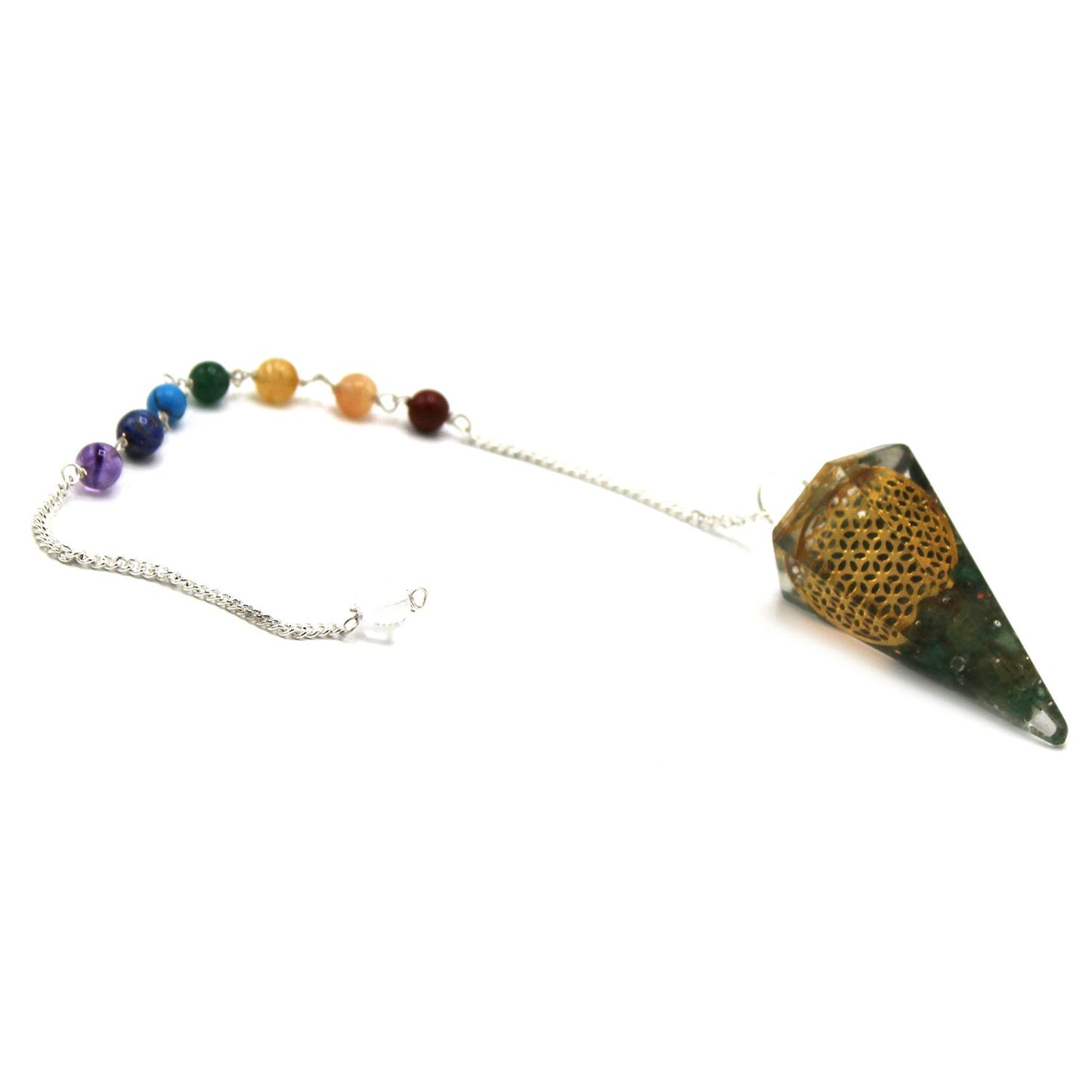 Orgoniet krachtchakra pendel met Flower of Life heilige geometrie en kralenketting, spiritueel helend wichelroede-instrument
