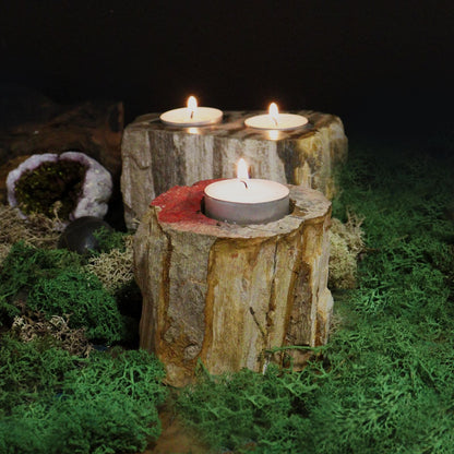 Lifestylefoto van een dubbele kandelaar van versteend hout met brandende theelichtjes, gezellige rustieke sfeer, natuurlijke woondecoratie
