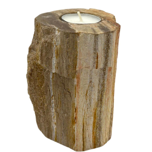 Handgemaakte hoge kandelaar van versteend hout met natuurlijke fossiele patronen en verticale nerf, unieke decoratie van oud hout uit Indonesië.
