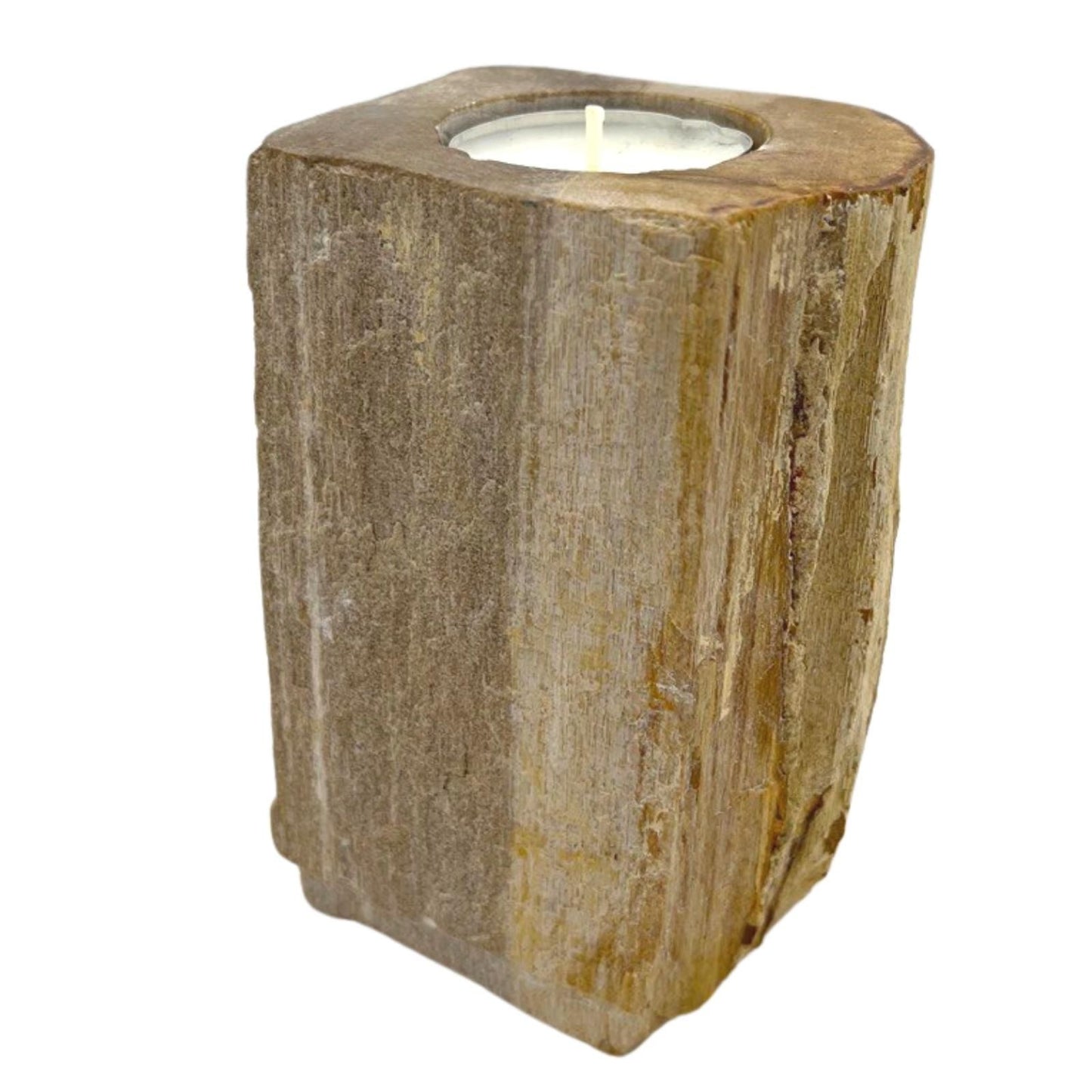 Zijaanzicht van een enkele hoge kandelaar van versteend hout met unieke kleuren en natuurlijke scheuren, een antiek fossiel houtaccent voor in huis.
