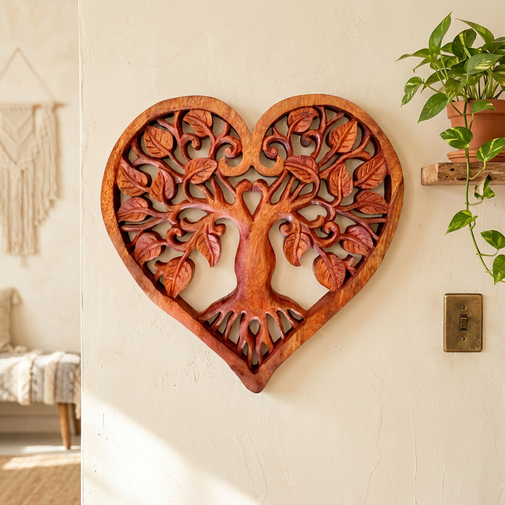 Handgesneden Tree of Life-hartpaneel van duurzaam hout, 40 cm spirituele bohemien wanddecoratie
