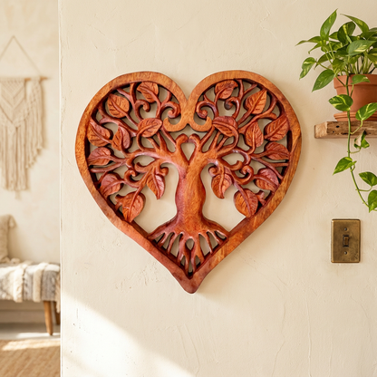 Handgesneden Tree of Life-hartpaneel van duurzaam hout, 40 cm spirituele bohemien wanddecoratie
