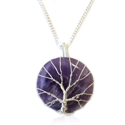 Amethist Tree of Life edelstenen ketting met verzilverde draadwikkeling, handgemaakt in India voor unieke spirituele sieraden
