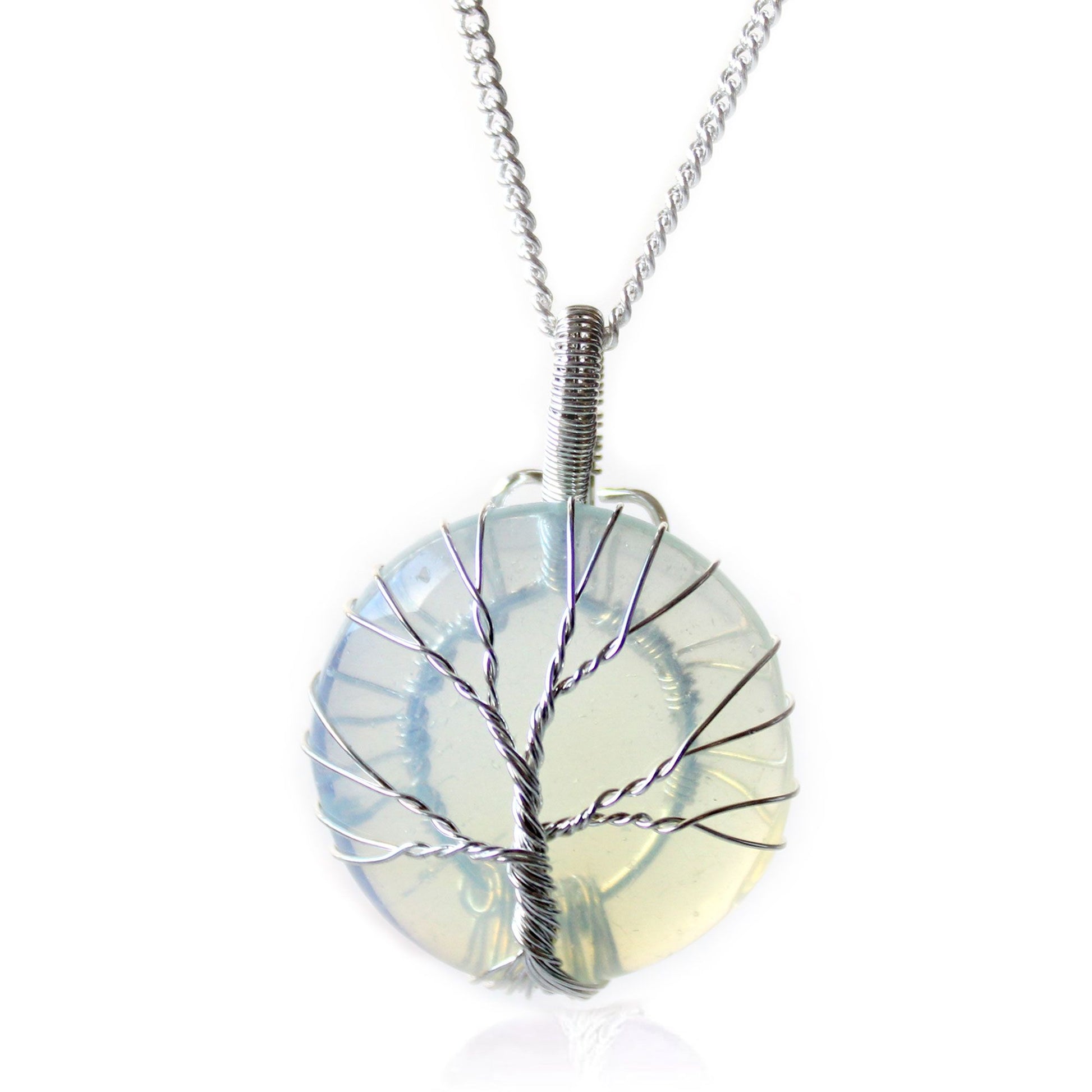 Opaliet Tree of Life edelstenen ketting met verzilverde draadwikkeling, handgemaakt in India voor unieke spirituele sieraden
