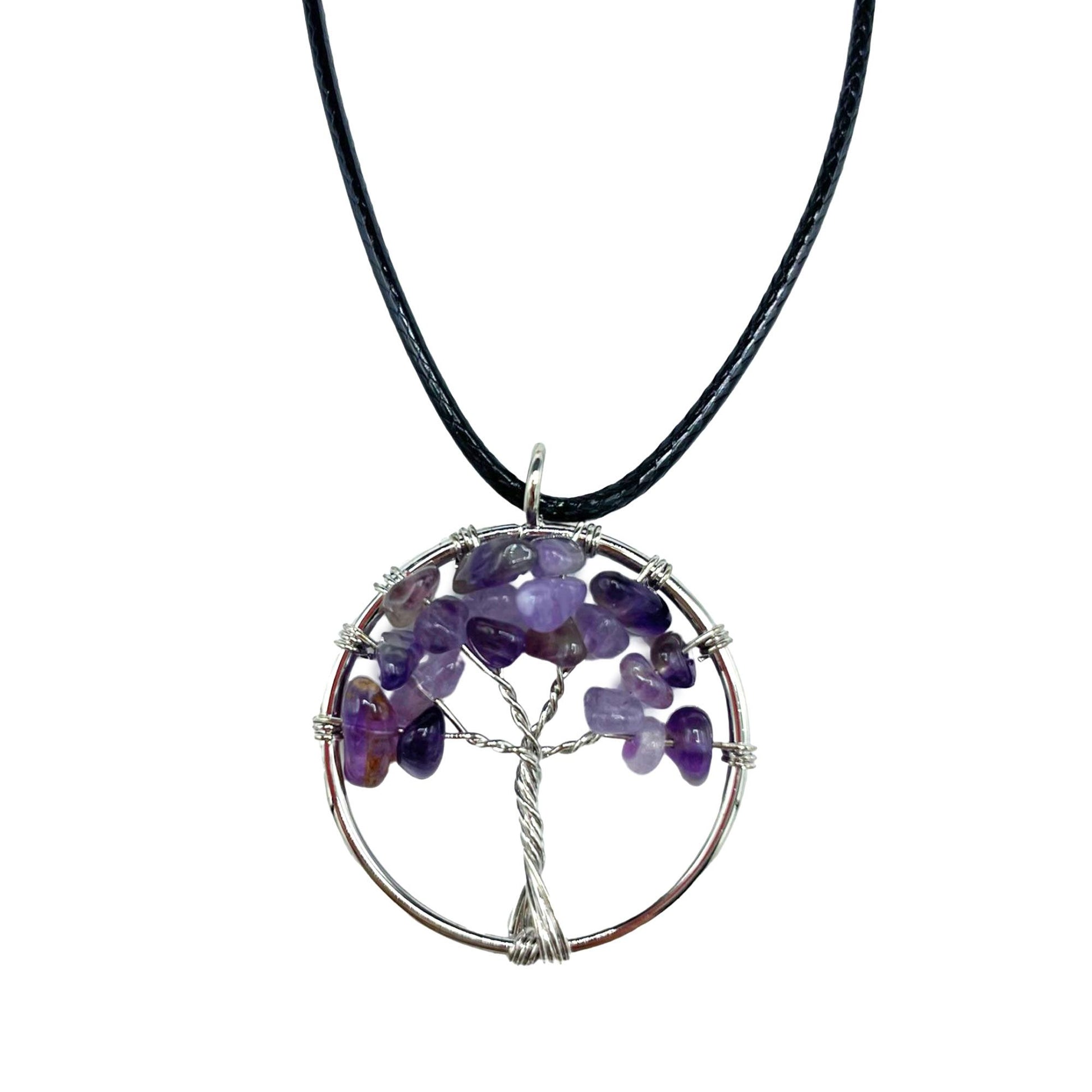 Tree of Life-hanger met ronde amethist edelsteen en verstelbaar zwart koord voor spirituele genezing en chakra-balans
