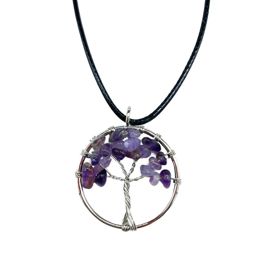 Tree of Life-hanger met ronde amethist edelsteen en verstelbaar zwart koord voor spirituele genezing en chakra-balans
