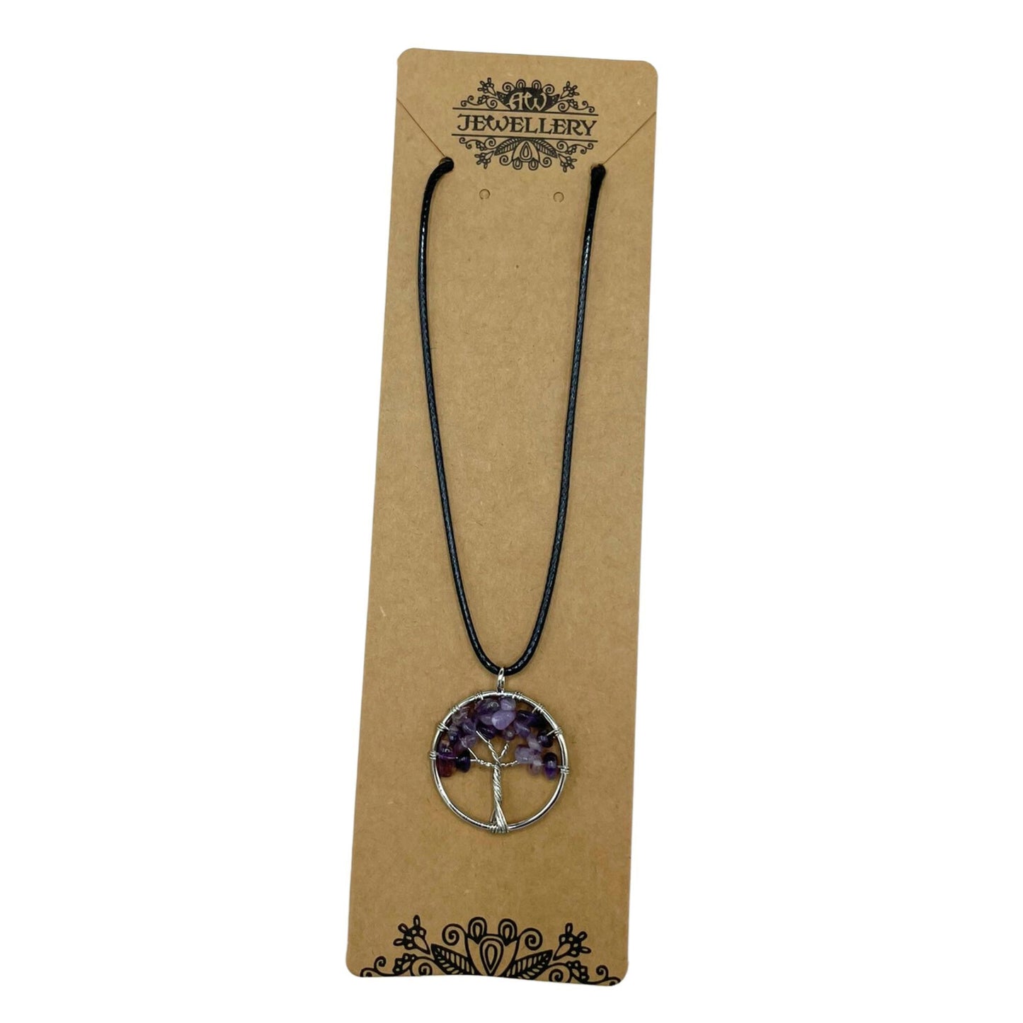 Amethyst Tree of Life hanger detailweergave met natuurlijke paarse steen en gedetailleerd metalen boomontwerp voor spirituele groei