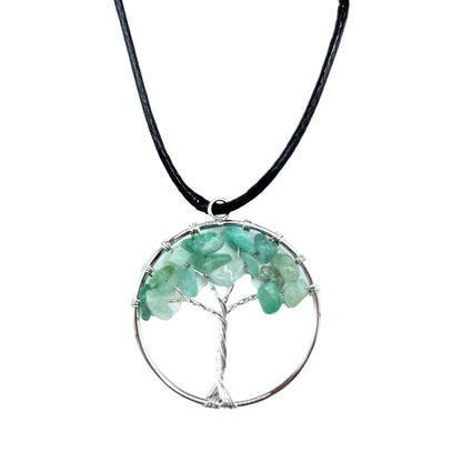 Tree of Life hanger met natuurlijke jade edelsteen, rond ontwerp en verstelbaar zwart koord voor spirituele rust en harmonie
