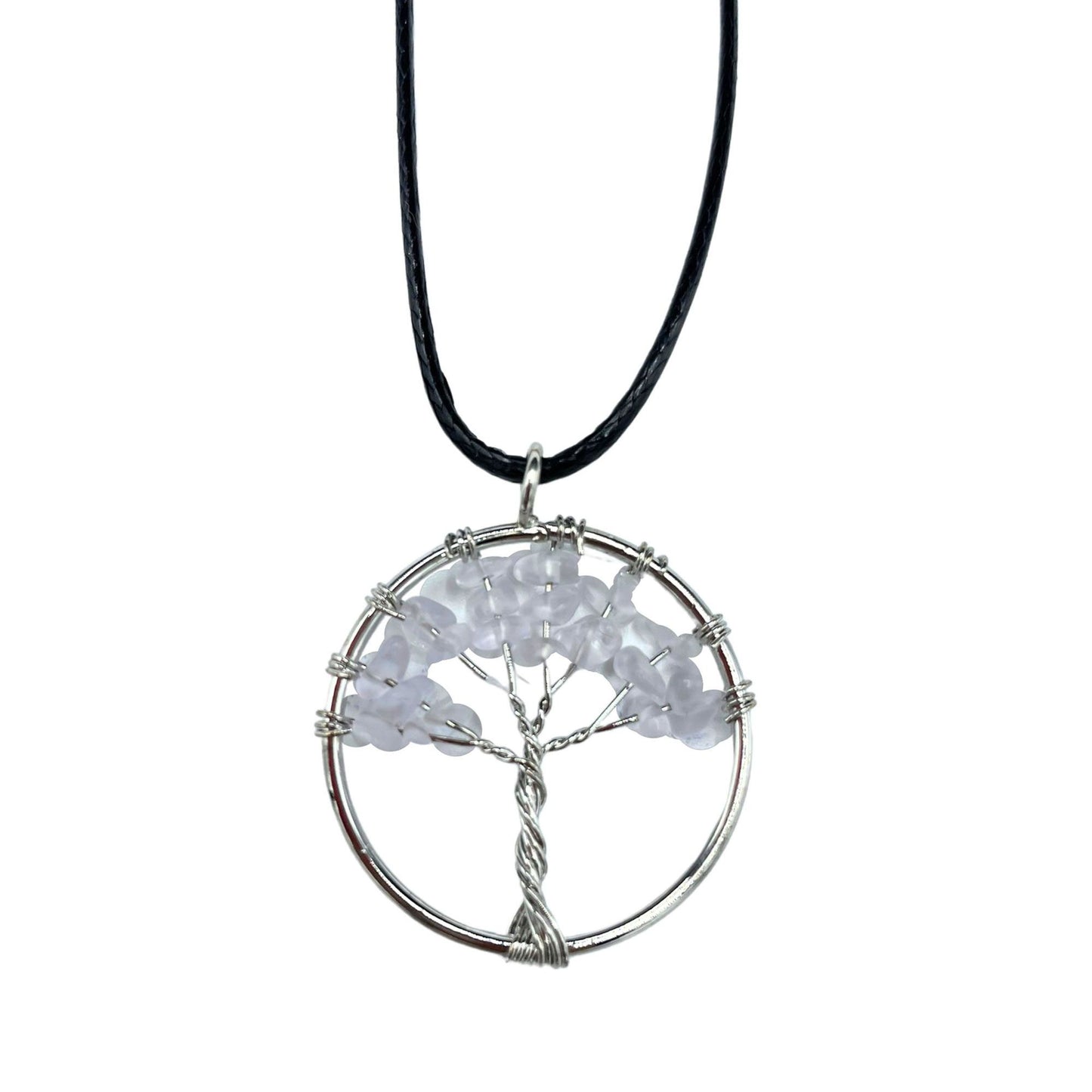 Tree of Life hanger met natuurlijke bergkristal heldere kwarts edelsteen rond ontwerp en verstelbaar zwart koord voor spirituele helderheid