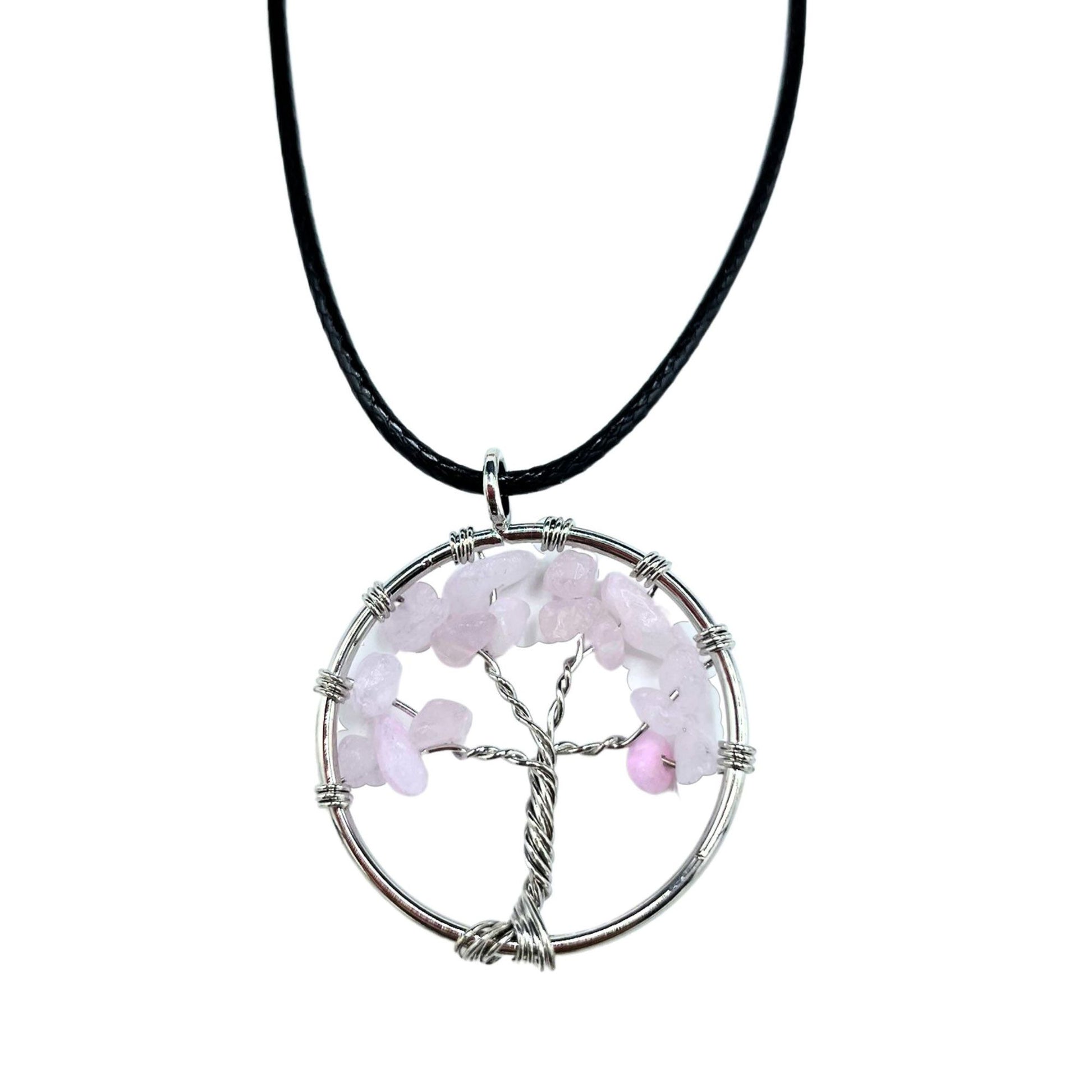 Tree of Life-hanger met ronde natuurlijke rozenkwarts edelsteen en verstelbaar zwart koord voor spirituele liefde en emotionele genezing

