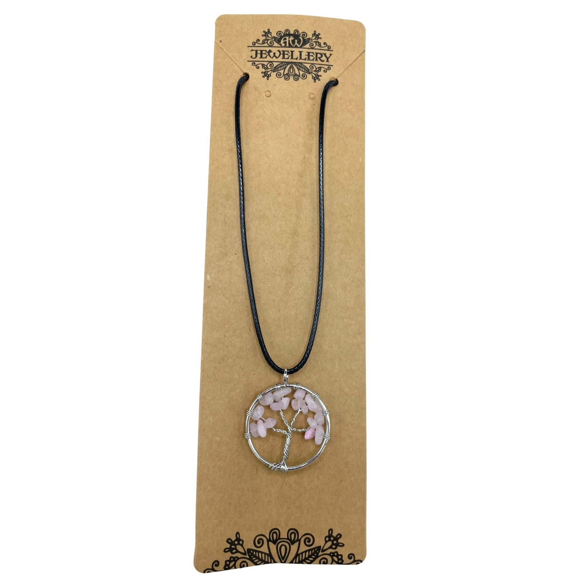 Tree of Life rozenkwarts hanger gedragen als ketting met verstelbaar koord en rond ontwerp met heilig boomsymbool