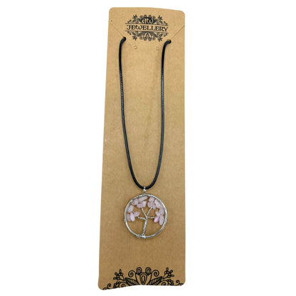 Tree of Life rozenkwarts hanger gedragen als ketting met verstelbaar koord en rond ontwerp met heilig boomsymbool
