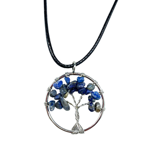 Tree of Life hanger met natuurlijke sodaliet edelsteen, rond ontwerp en verstelbaar zwart koord voor spirituele wijsheid en communicatie

